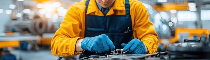 Fototapeta premium Mechanic performing wheel alignment on a truck, adjusting bolts with precision, industrial garage background, truck repair, mechanic, vehicle adjustment