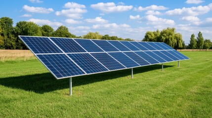 A row of solar panels under a blue sky, showcasing renewable energy potential in a lush, green landscape.