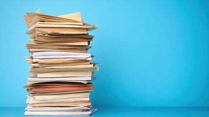 A towering stack of assorted papers against a vibrant blue background, showcasing organized chaos and office clutter.