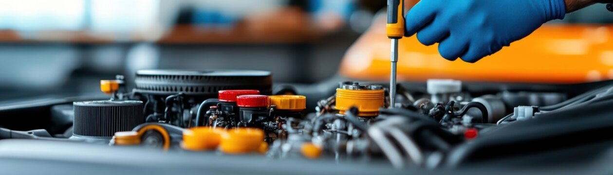 Expert mechanic inspecting a high-performance car engine, intricate engine components and precision tools highlighted, expert mechanic, engine repair, car maintenance