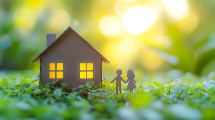Cozy paper house on field with soft light and bokeh , happy family concept