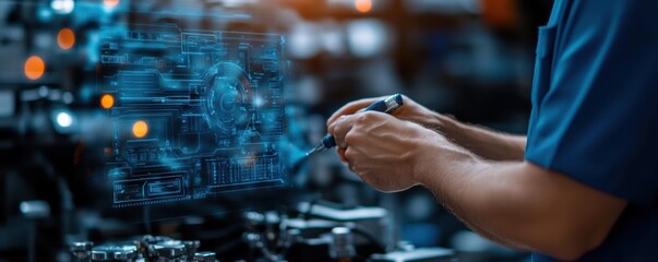 Expert mechanic diagnosing a complex electric vehicle engine, futuristic design and glowing tech elements, electric vehicle, engine diagnostics, expert mechanic