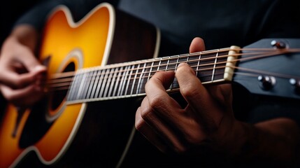 Acoustic Guitarist:  The close-up view of a musician's hands playing an acoustic guitar, the intricate details of the instrument and the skilled movements of the fingers create a compelling image that