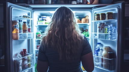 Chubby woman open refrigerator at midnight , night eating .