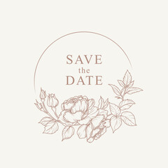 Floral round frame with flowers of roses, branches and leaves. Hand drawn vector illustration in line art style for wedding invitation, card, logo, design, save the date