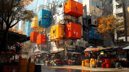 Fototapeta premium Dreamscape City: Vibrant Facades and Flowering Trees in a Magical Urban Market