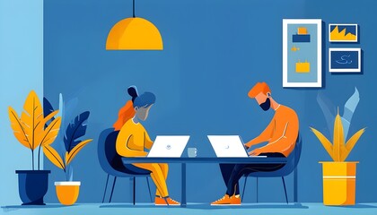 Collaboration and Productivity in a Blue-Hued Workspace with Two Individuals Engaged on a Laptop