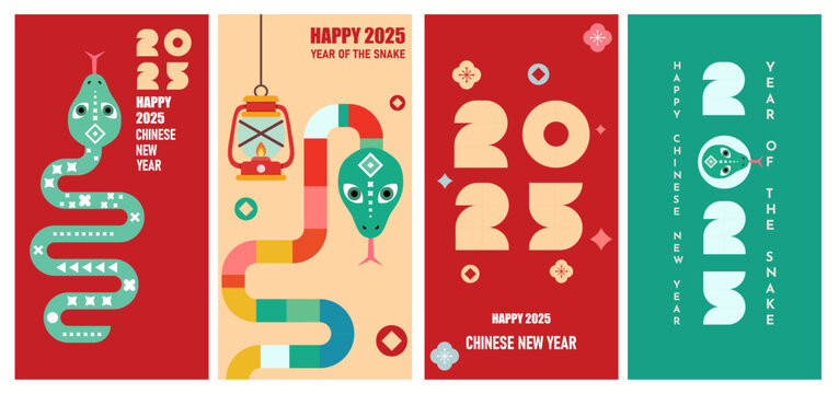 Lunar new year vertical background, banner, social media story template. Chinese New Year 2025 , Year of the Snake. Geometric modern vector style, design template for cover, card, poster, banner