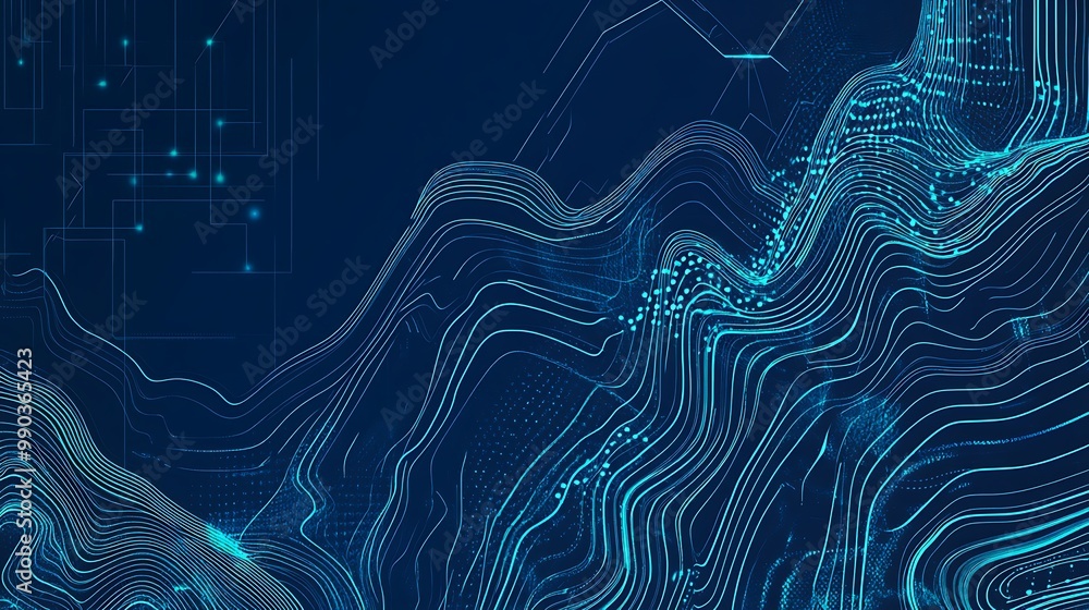 Poster abstract blue digital background with wavy lines and glowing dots.