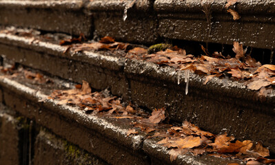 Fototapeta premium Three granite steps with brown fallen leaves and frozen drops of water