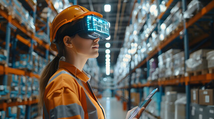 Futuristic Technology Warehouse Concept Female Worker Doing Inventory, Using Augmented Reality Application On Tablet. Woman Analyzes Digitalized Products Delivery Infographics