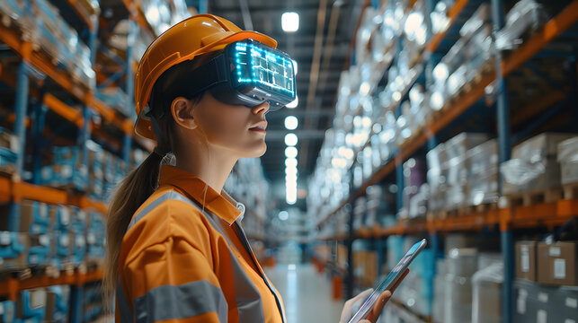 Futuristic Technology Warehouse Concept Female Worker Doing Inventory, Using Augmented Reality Application On Tablet. Woman Analyzes Digitalized Products Delivery Infographics