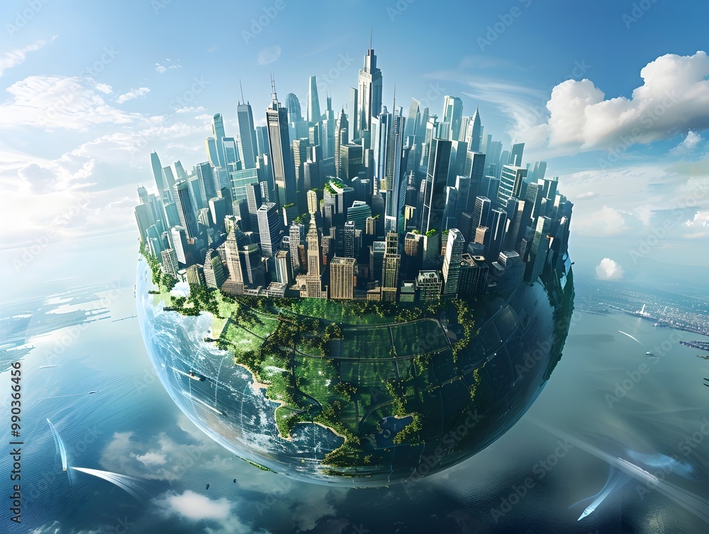 Poster futuristic floating metropolis concept with towering skyscrapers and advanced technology encircling 