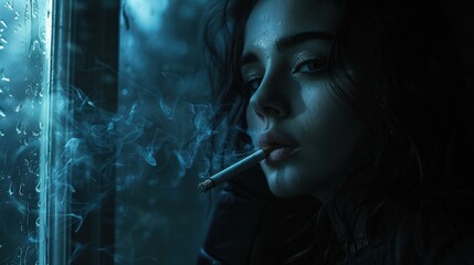 Obraz premium A woman smokes a cigarette by a window with raindrops. AI.