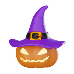 Carved Jack-O-Lantern 3D Illustration, Halloween Pumpkin with Witch Hat Render