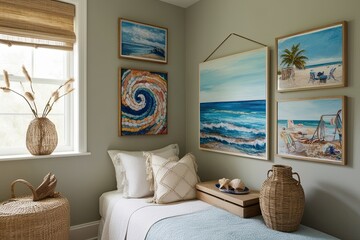 Stylish Bedroom Corner with Art Display and Seaside Boho Decor