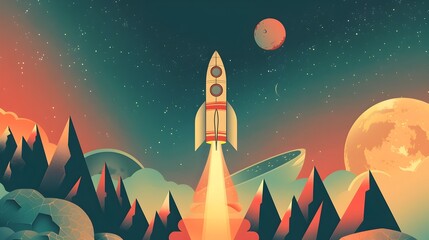 Naklejka premium Retro Futuristic Rocket Launch in Vibrant Cosmic Landscape