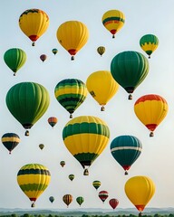 Obraz premium Colorful hot air balloons soaring through the sky during a festival, creating a vibrant and scenic view.