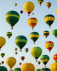 Obraz premium Colorful hot air balloons soaring through the sky during a festival, creating a vibrant and scenic view.