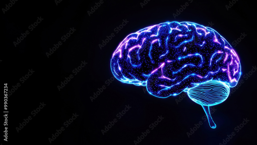 Poster artificial intelligence is growing with glowing brain illustration