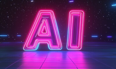 'AI' Retro Neon Text Design with Bold, Glowing Pink, Purple, and Cyan Colors in 3D

