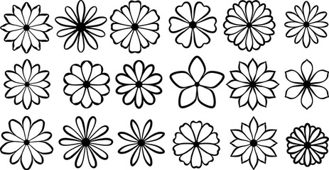 Flower shapes, daisy icon hand drawn line art doodle illsutration set, isolated