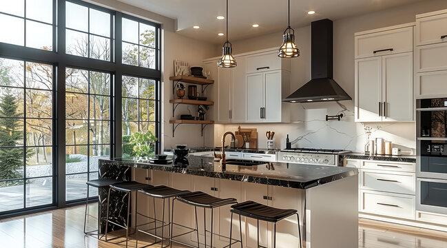 A kitchen with white cabinets with handles arranged in an L shape and black marble countertop. There is an island bar in the center of the room.