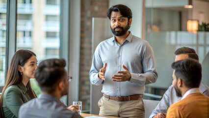An Indian male presenting ideas confidently to a group in a meeting room.
