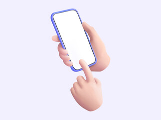 Hand holding mobile phone and hand touching blank white screen on purple background. Communication, Social media. Online technology, Internet. Hand using mobile phone mockup. 3D Vector illustration