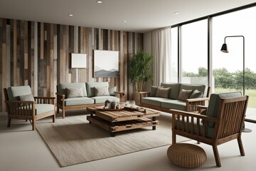 Fototapeta premium Inviting Minimalist Interior Design Showcase Featuring Reclaimed Wood Furnishings and 3D Visualization