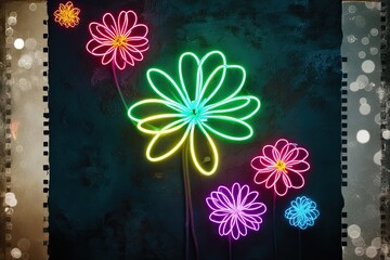 Vibrant Neon Light Blooms on Deep Textured Background with Aged Film Overlay and Bokeh Effect