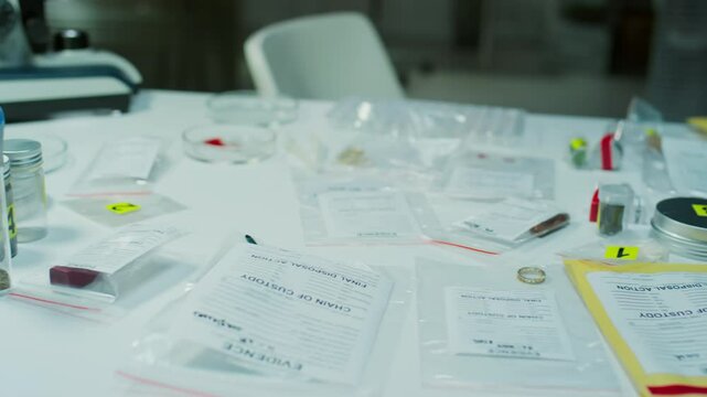 Close up view of evidence bags, containers and test tubes on table of forensic scientist in crime lab