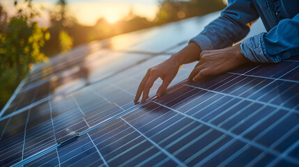 Hands on solar panel. Rooftop solar or photovoltaic system. Sustainable future for next generation