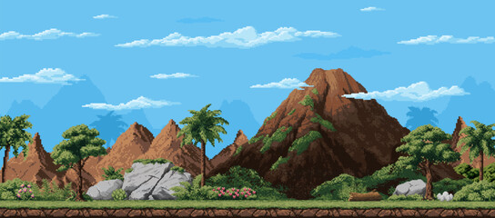 8 bit pixel art arcade game prehistoric landscape of jungle forest with palm trees, vector background. 8bit arcade video game level landscape with prehistoric era volcano mountains and cave rocks