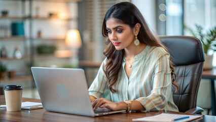 A stylish Indian woman working on her laptop in a modern office.
