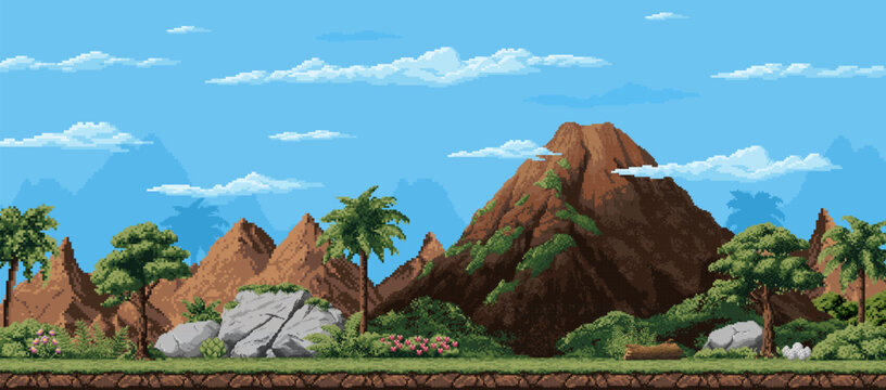 8 bit pixel art arcade game prehistoric landscape of jungle forest with palm trees, vector background. 8bit arcade video game level landscape with prehistoric era volcano mountains and cave rocks