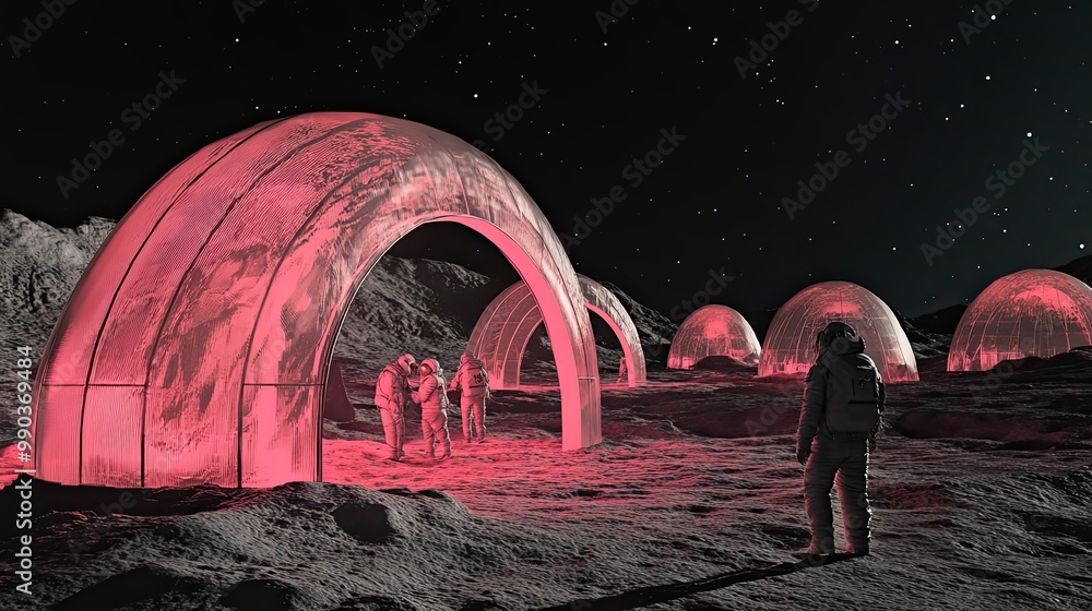 Poster astronauts exploring a lunar base with transparent domes
