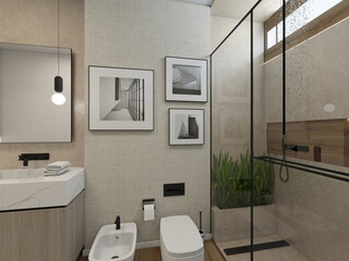 BAÑO MODERNO DE ESTILO CONTEMPORANEO Y ZOAN DUCHA CON DECORACION 
