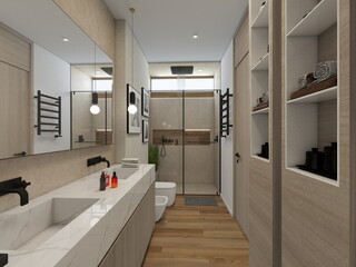 baño moderno de diseño con gran ducha y zona de lavabo . grifería de diseño 
