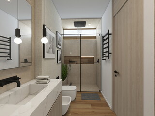 BAÑO MODERNO DE ESTILO CONTEMPORANEO Y ZOAN DUCHA CON DECORACION 