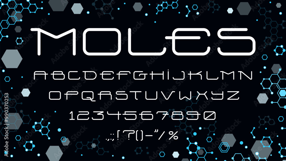 Aufkleber digital display font, computer type, science typeface vector typography set, neon molecules backgrou