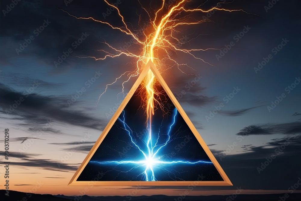Poster intense amber electric spark in a triangular frame with an interdimensional gateway above a dusky tw