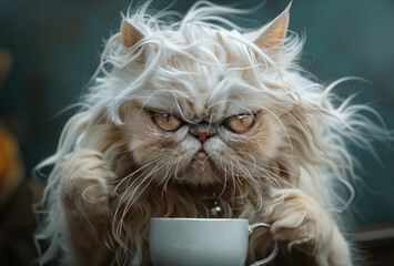 White Persian cat with messy fur, with grumpy face, holding coffee cup.