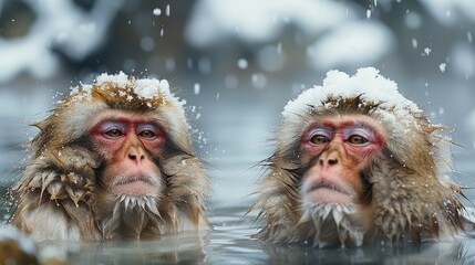 Fototapeta premium Japanese snow monkeys with snow on their heads bathe in hot springs, with snow all around them.