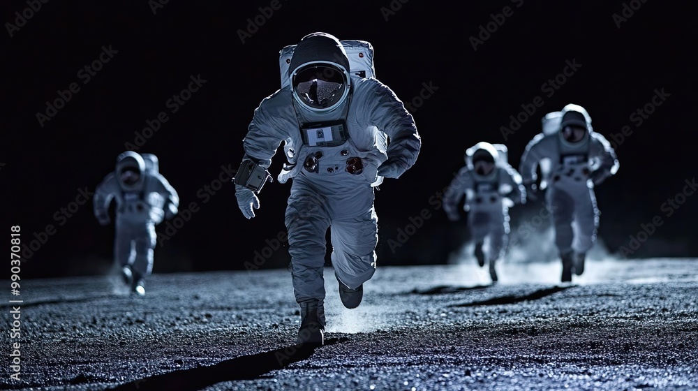 Wall mural astronauts running on a dark, lunar surface