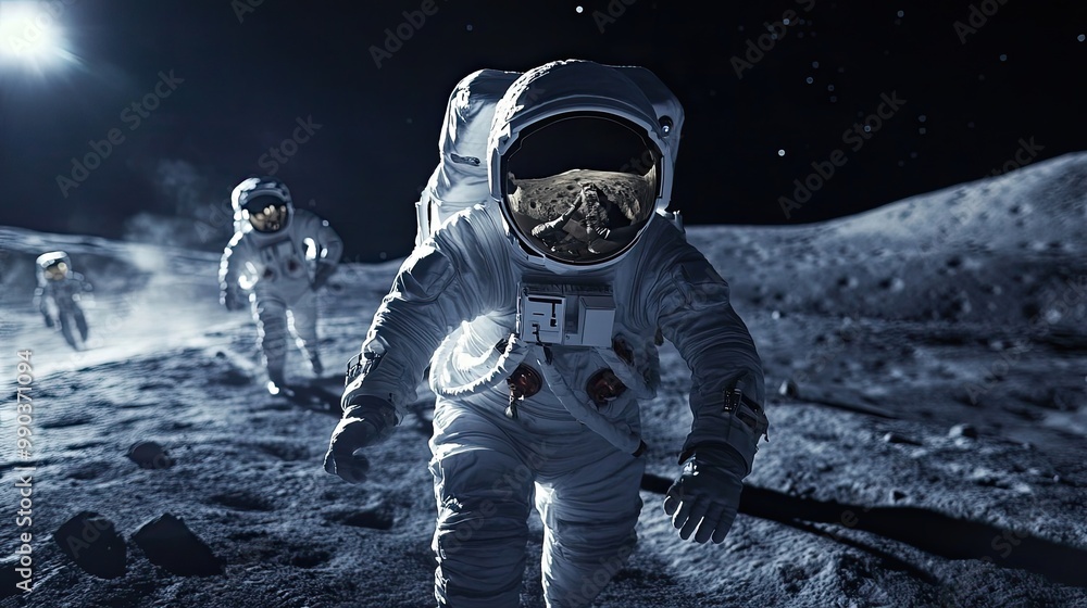Poster astronaut exploring the lunar surface with a group