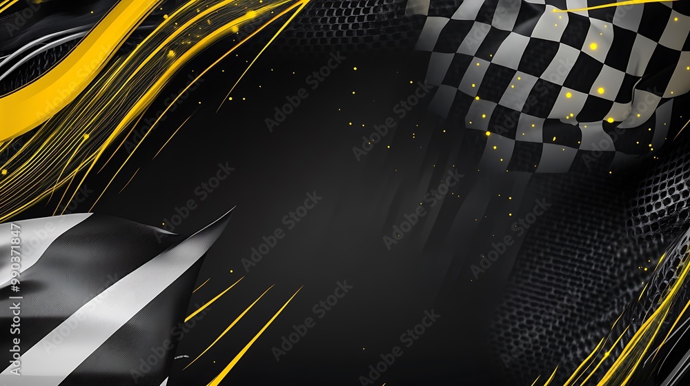 Poster abstract black and white checkered racing flag with yellow lines and sparkling dust.