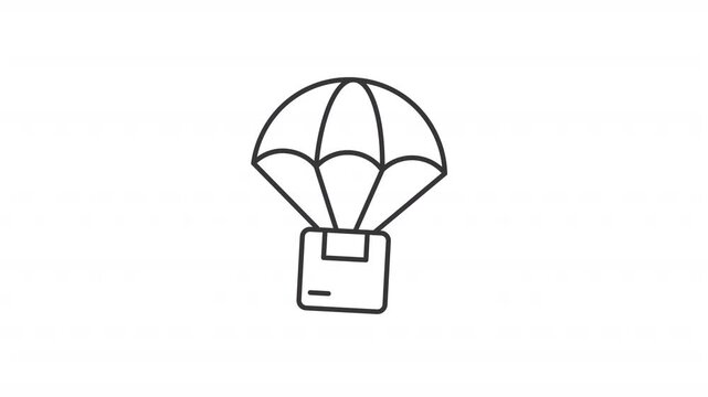 Parachute delivery line animation. Air supply drop animated icon. Flying box, floating. Cargo transportation. Black illustration on white background. HD video with alpha channel. Motion graphic