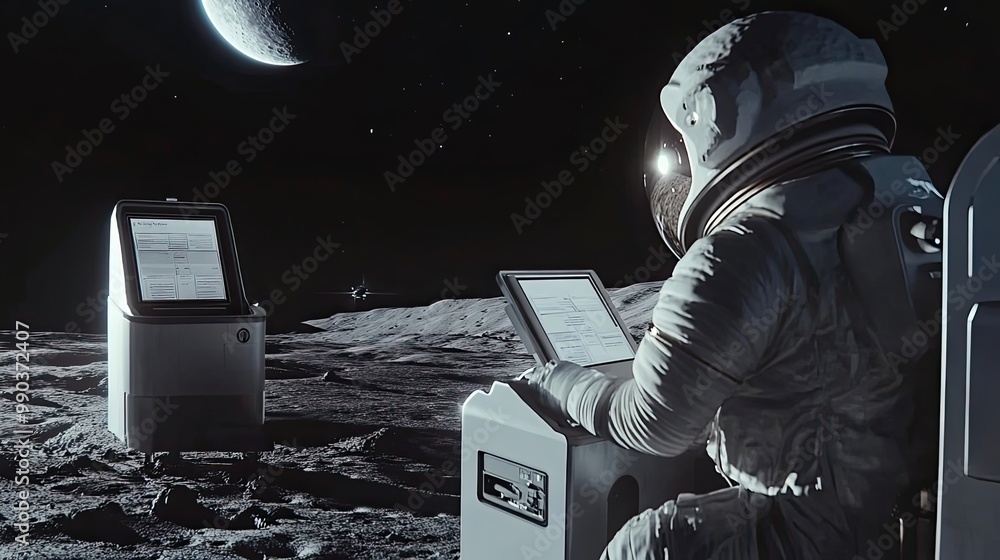 Aufkleber astronaut using a tablet computer on the lunar surface