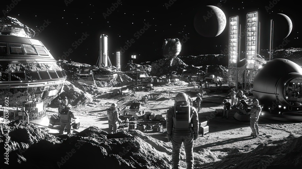 Poster astronauts exploring a lunar base under a crescent moon